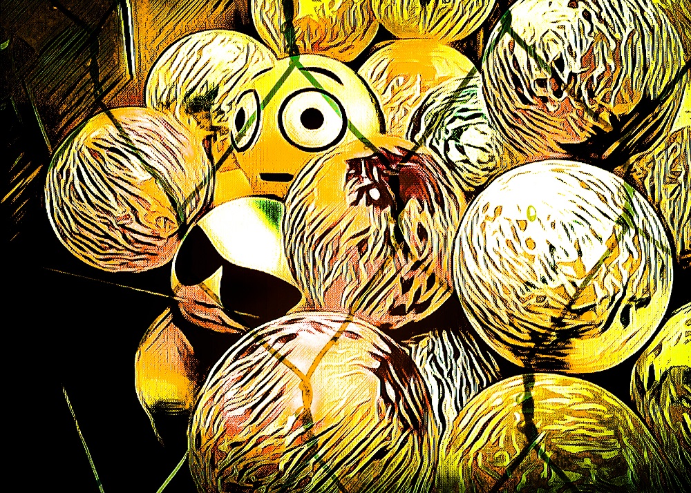 Emoji face balls in a cage with some filters added