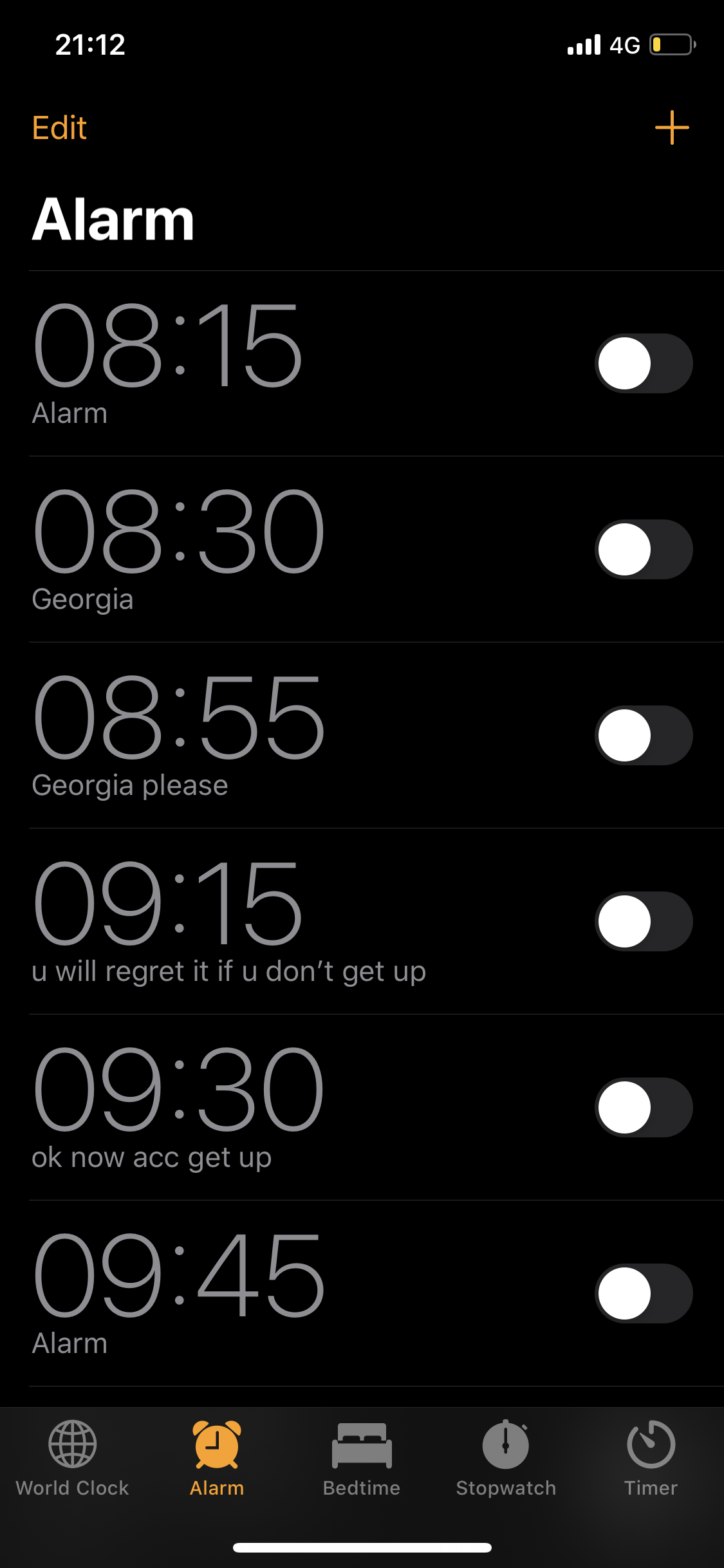 Many alarms set to wake someone up